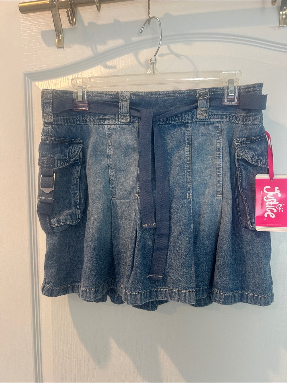Justice Girls Light Blue Denim blue Jean  Pleated Cargo Skort xl 16-18 new